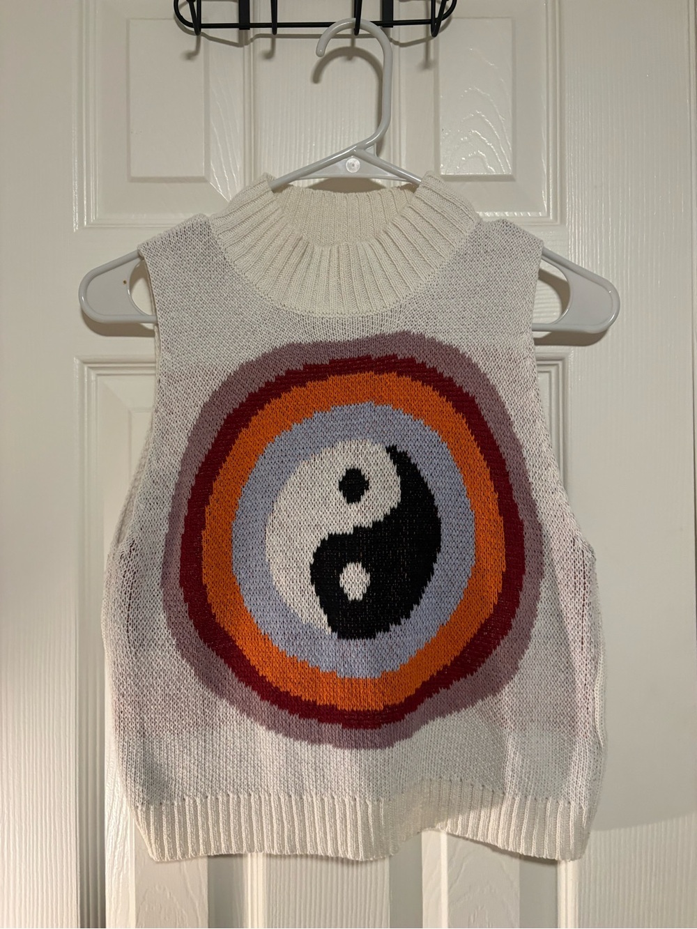 Cream Knit Sleeveless Sweater Vest with Colorful Yin Yang Motif